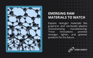 Image of a molecular structure highlighting graphene, with text promoting emerging raw materials like graphene and bio-based plastics for stronger, lighter, greener products, branded by CFI Carbon Products.