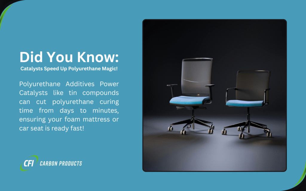 Two modern office chairs with blue seats on a dark background, illustrating how catalysts speed up polyurethane magic. Text explains that catalysts like tin compounds can cut polyurethane curing time from days to minutes, ensuring foam products are ready fast
