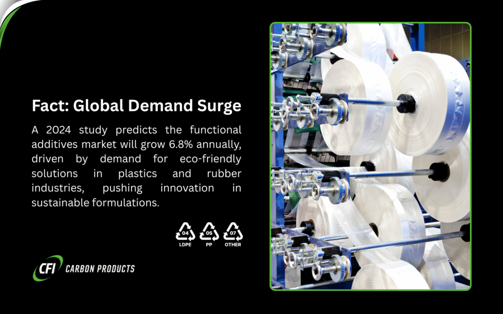 Large rolls of plastic film in a factory setting. Text reads: "Fact: Global Demand Surge for Functional Additives. A 2024 study predicts the functional additives market will grow 6.8% annually, driven by demand for eco-friendly solutions in plastics and rubber industries, pushing innovation in sustainable formulations." CFI Carbon Products logo and recycling symbols included.