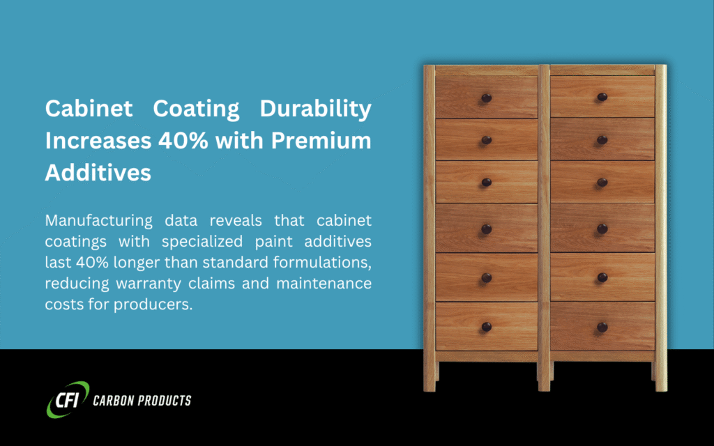 A wooden cabinet with multiple drawers, showcasing cabinet coating durability increasing 40% with premium additives, reducing warranty costs.