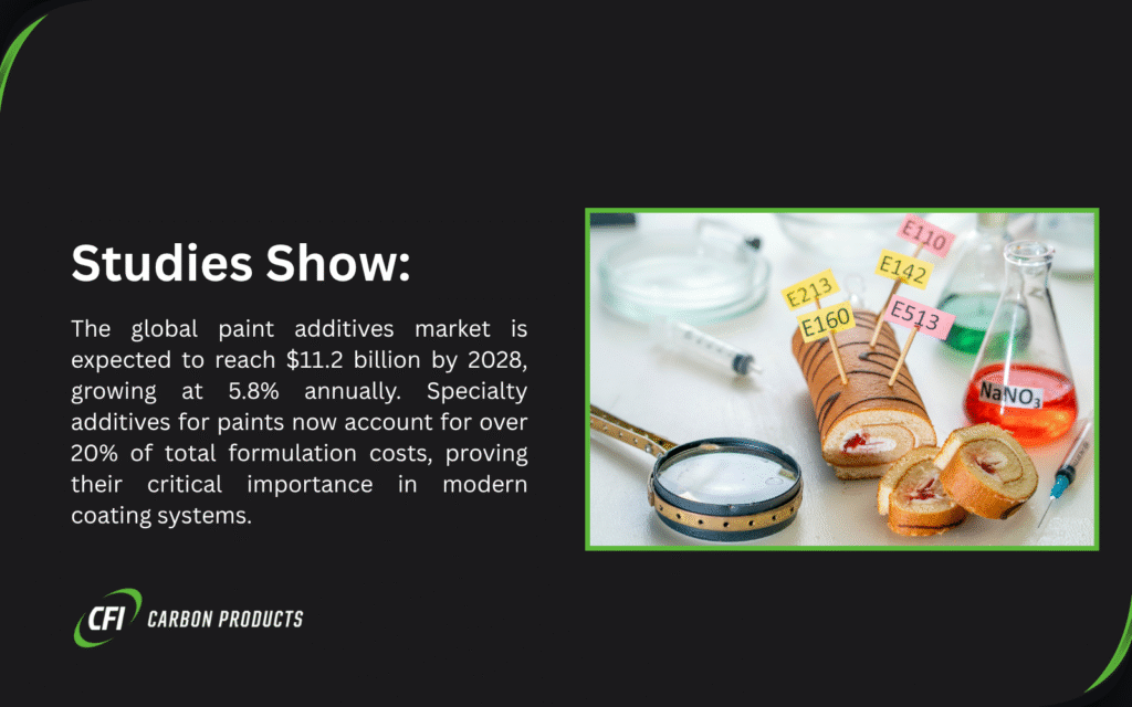 Laboratory beakers with colored liquids and market statistics showing additives for paints industry growth to $11.2 billion by 2028
