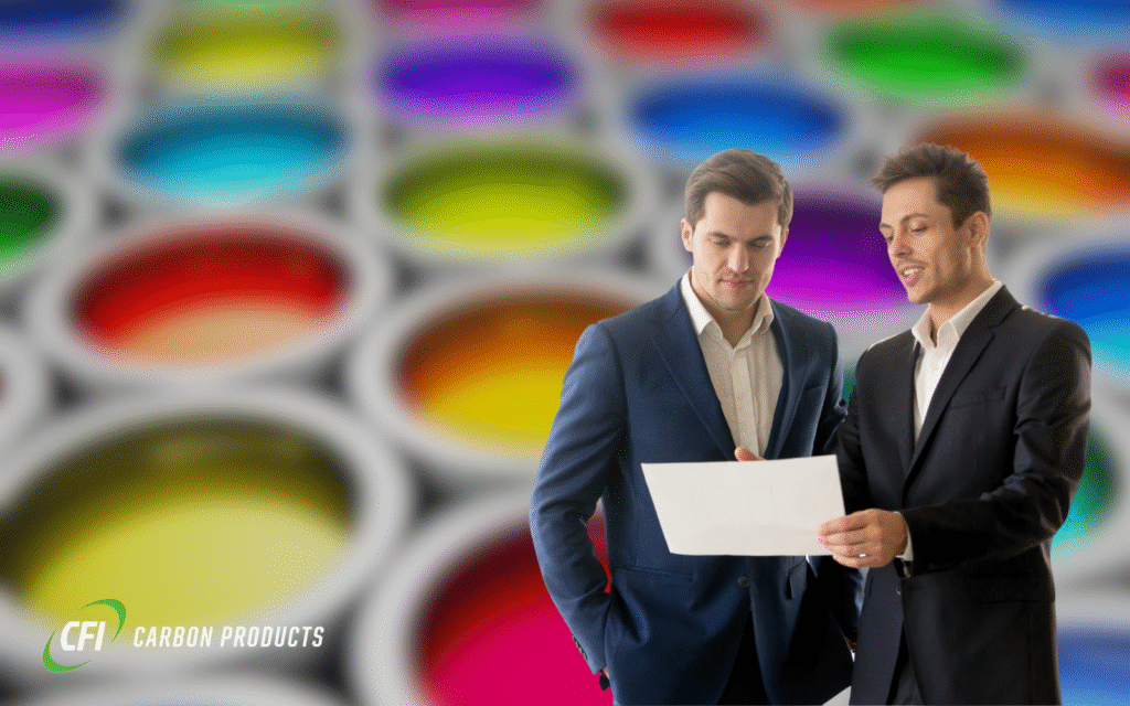 Two business professionals reviewing documents about additives for paints with vibrant color samples in background