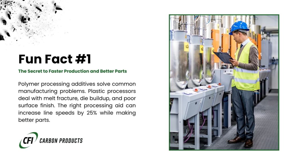 Industrial additives for polymer processing with manufacturing worker in safety gear operating production equipment