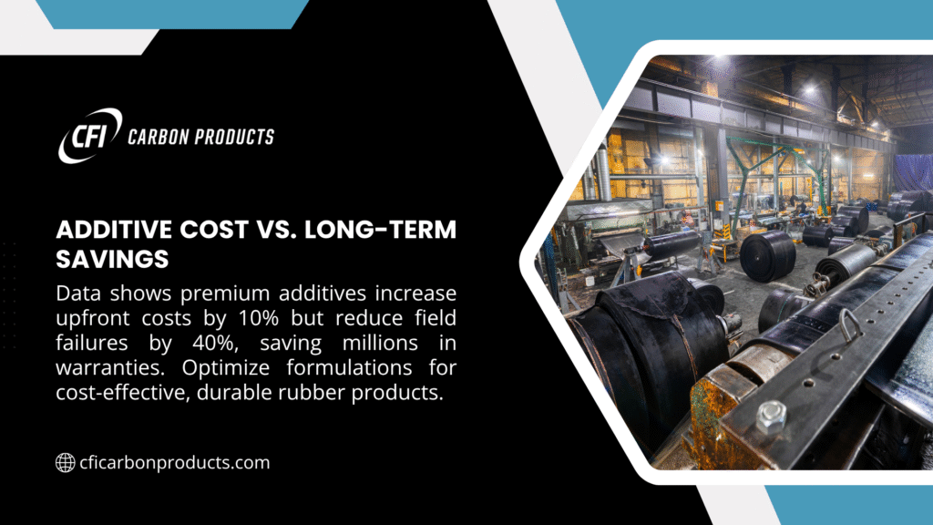 Industrial rubber production with premium additives, increasing costs by 10% but reducing field failures by 40%, optimizing durable products, per CFI Carbon Products.