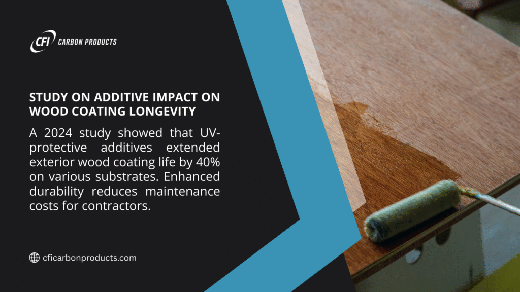 Study image on additive impact on wood coating longevity, focusing on UV protection, exterior substrate durability, maintenance costs, and performance of finishes like varnish and sealant for timber preservation.