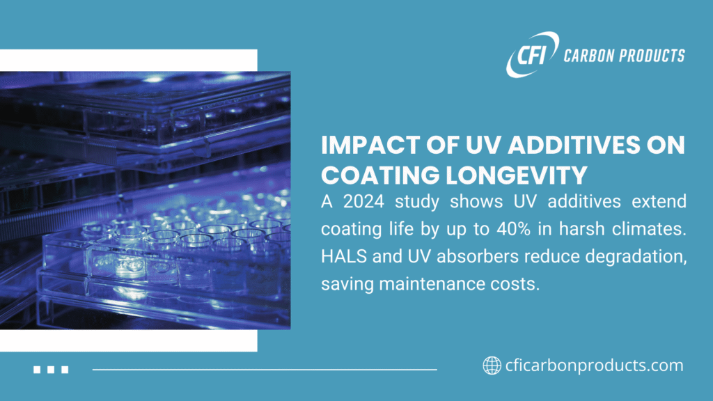  Image illustrating the impact of UV additives on coating longevity, showing lab trays with test tubes, with text noting a 2024 study shows UV additives extend coating life by up to 40% in harsh climates, with HALS and UV absorbers reducing degradation and maintenance costs.