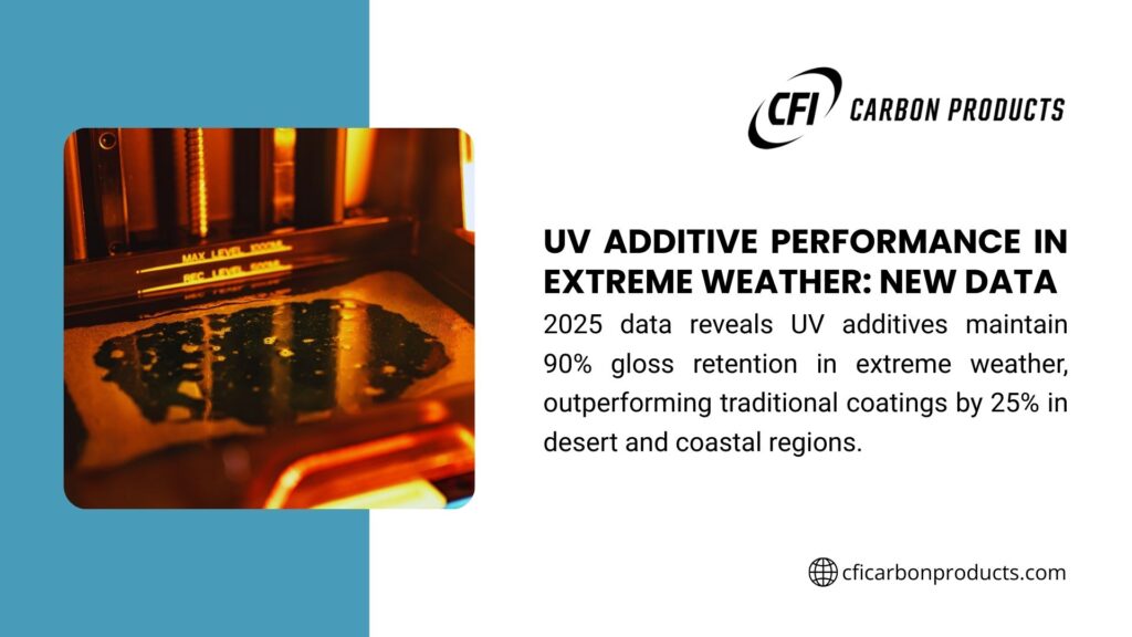  A CFI Carbon Products infographic with an image of a coated surface, highlighting UV additives' 90% gloss retention and 25% outperformance in extreme weather.
