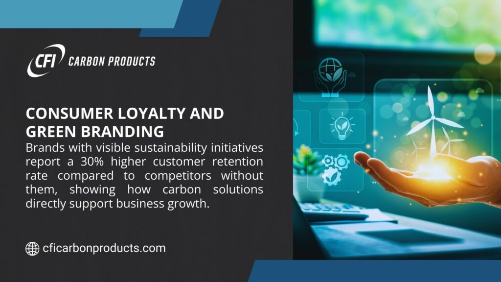Hand holding a holographic wind turbine image over a laptop, with text stating brands with sustainability initiatives report a 30% higher customer retention rate, showing carbon solutions support business growth.