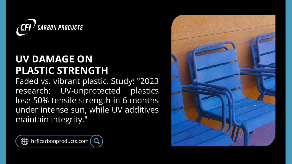 Blue plastic chairs outdoors, highlighting UV damage effects on plastic strength, with vibrant and faded chairs shown.
