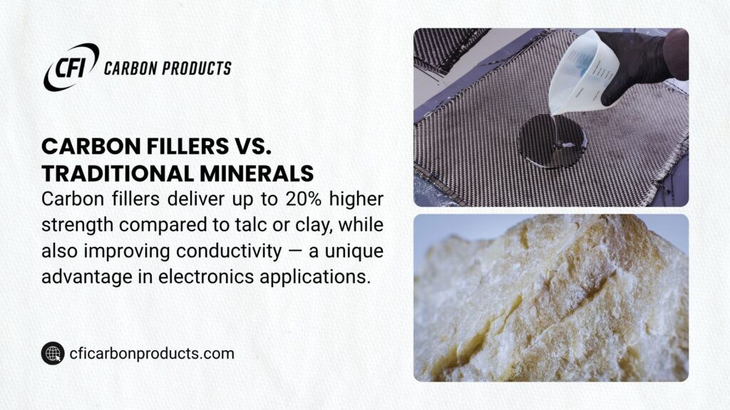 A hand pouring liquid onto a carbon mat and an image of talc or clay, with text stating carbon fillers deliver up to 20% higher strength than talc or clay while improving conductivity, a unique advantage in electronics applications, branded by CFI Carbon Products. - carbon filler for plastics
