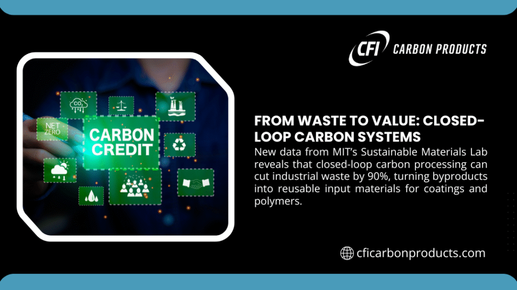 A hand interacting with "carbon credit" icons, highlighting "closed-loop carbon systems" with MIT Sustainable Materials Lab data showing 90% industrial waste reduction, turning byproducts into reusable coatings and polymers.