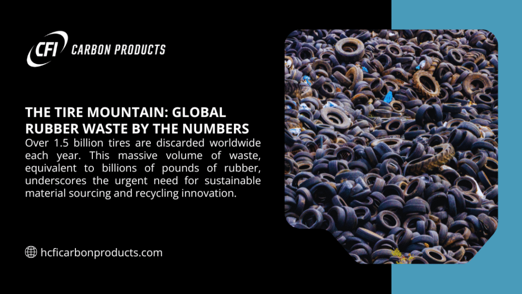 Infographic from CFI Carbon Products on global rubber waste, noting over 1.5 billion tires discarded yearly, equivalent to billions of pounds, urging sustainable material sourcing and recycling, showing a pile of tires.