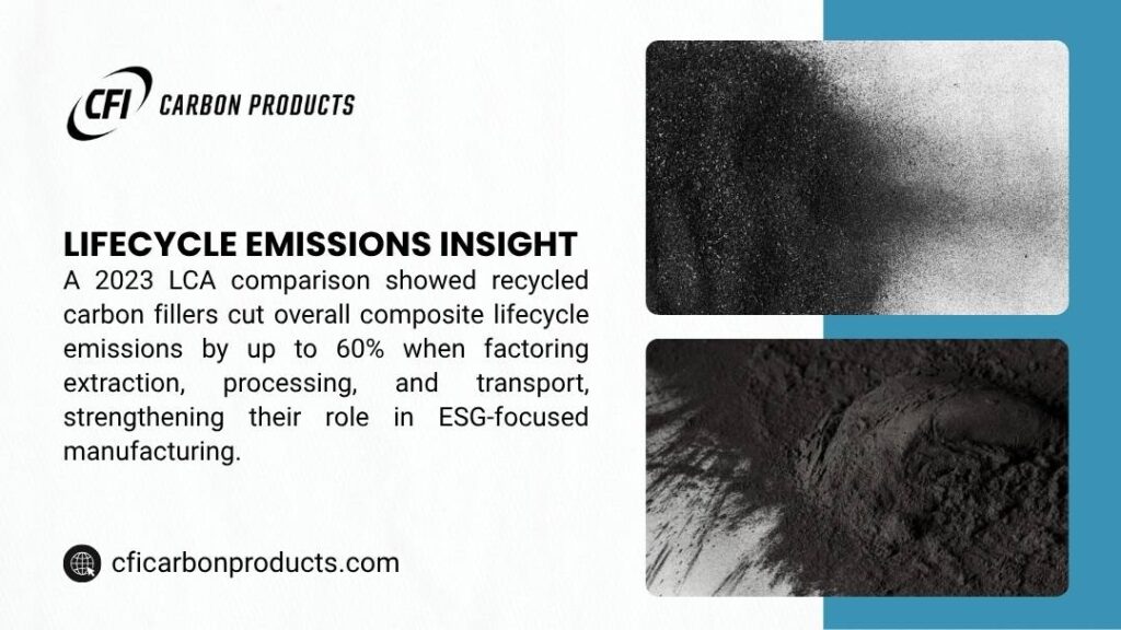 2023 LCA shows recycled carbon fillers cut composite lifecycle emissions by up to 60% factoring extraction, processing, transport; strengthens ESG role. Carbon powder photos