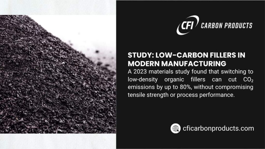 CFI Carbon Products infographic: Low-Carbon Fillers Study. 2023 research shows low-density organic fillers cut CO₂ emissions up to 80% without sacrificing strength or performance.