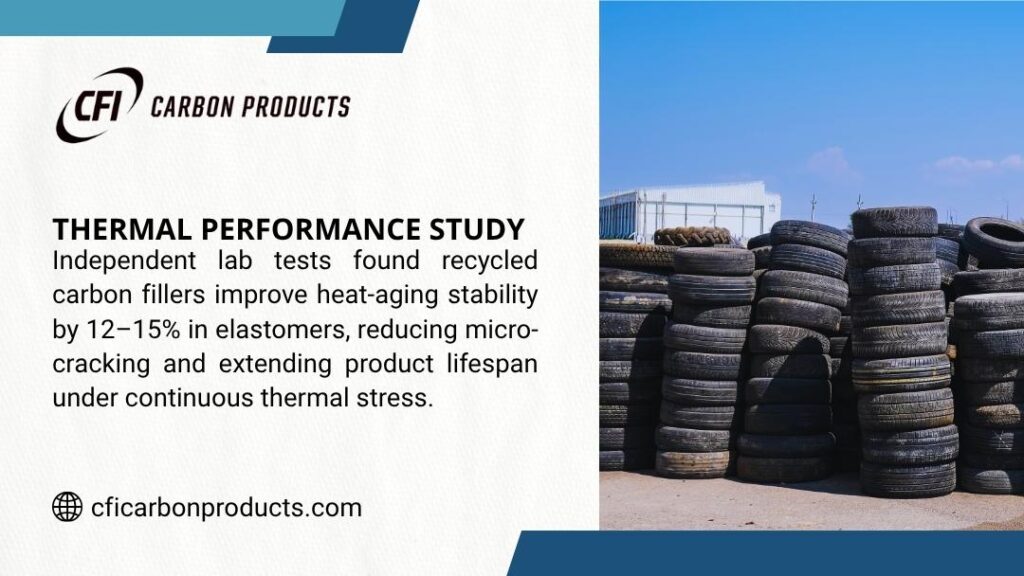 Infographic: Thermal Performance Study. Recycled carbon fillers improve heat-aging stability by 12–15% in elastomers. Piles of old, black rubber tires are stacked outdoors.