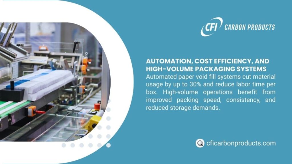 CFI Carbon Products - Automation & Cost Efficiency: Automated paper void fill systems cut material use up to 30%, boost speed & consistency in high-volume packaging.
