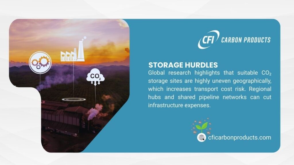 CFI Carbon Products on Storage Hurdles: Uneven CO₂ storage sites raise transport costs. Regional hubs & shared pipelines cut infrastructure expenses.