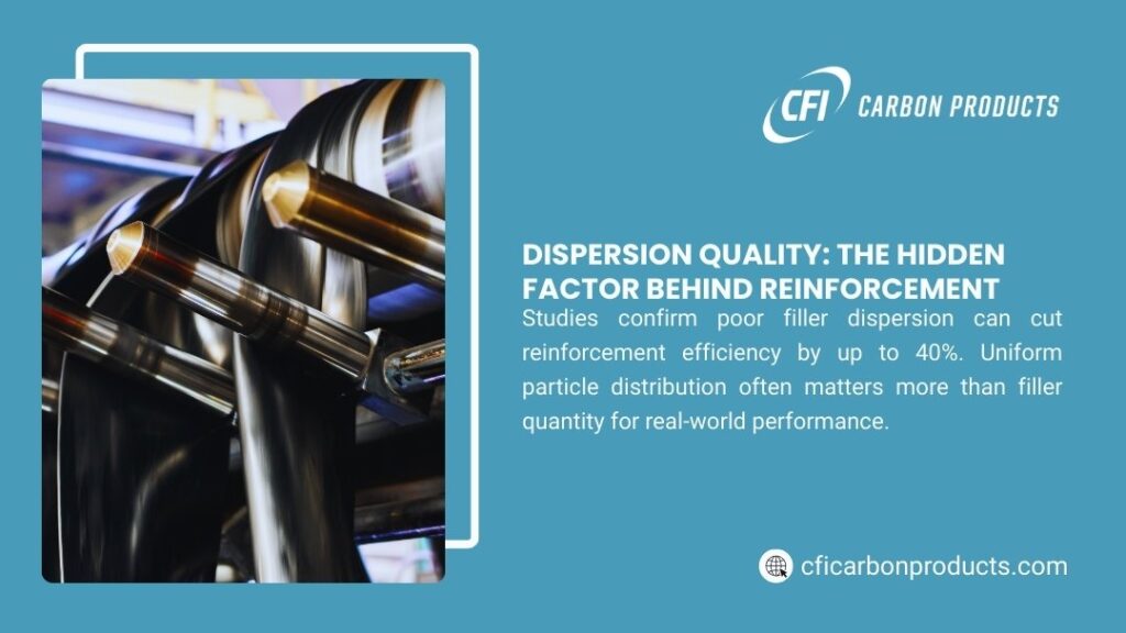 CFI Carbon Products infographic: Industrial machine processing material. Dispersion quality key—poor filler dispersion cuts reinforcement efficiency up to 40%; uniform distribution crucial for performance.