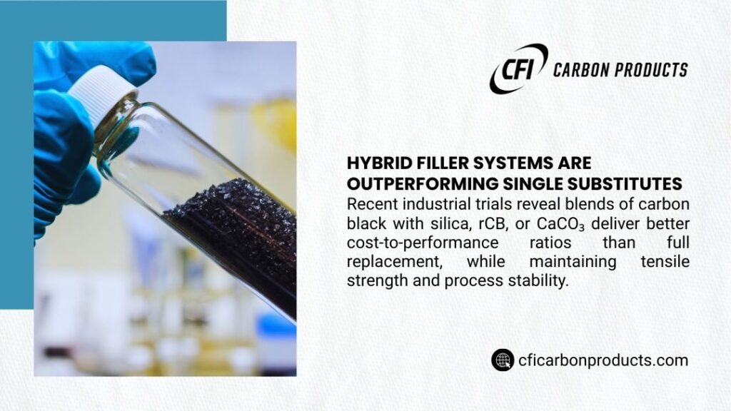 Test tube with carbon black hybrid filler material in lab setting; infographic about hybrid filler systems outperforming single substitutes by CFI.