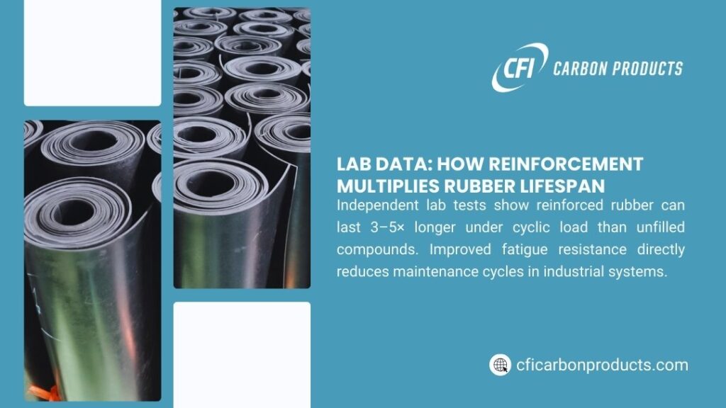 CFI Carbon Products infographic: Rolls of reinforced rubber sheets. Lab data shows reinforcement extends rubber lifespan 3-5x under cyclic load, improving fatigue resistance and reducing maintenance.
