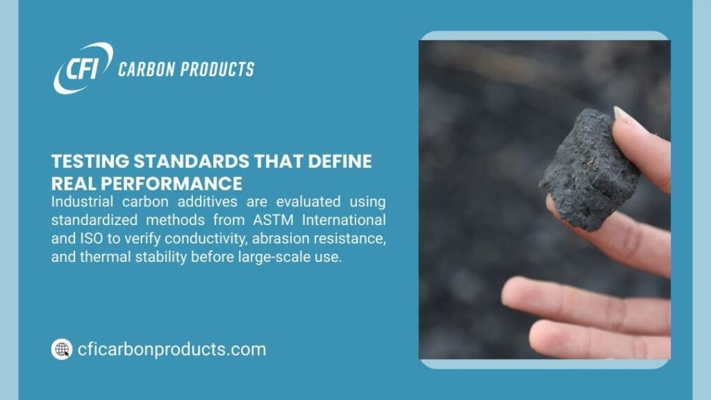Graphic from CFI Carbon Products showing a hand holding a black carbon chunk, titled "Testing Standards That Define Real Performance." Text explains industrial carbon additives are evaluated via ASTM and ISO methods for conductivity, abrasion resistance, and thermal stability.