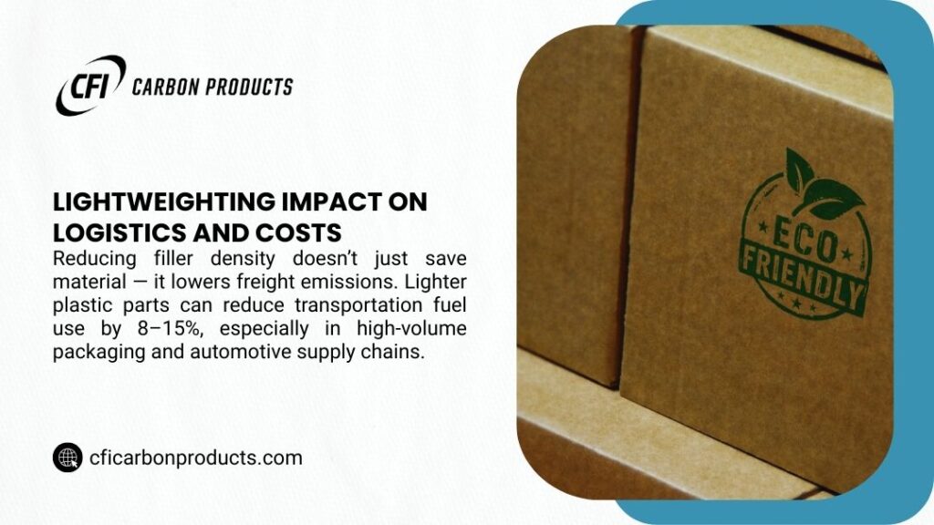 CFI infographic: lightweighting impact shows reduced filler density lowers freight emissions and cuts transportation fuel use by 8-15% in packaging supply chains