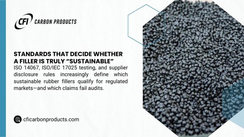 CFI infographic on sustainable filler standards: ISO 14067 and ISO/IEC 17025 testing define which rubber fillers qualify as sustainable