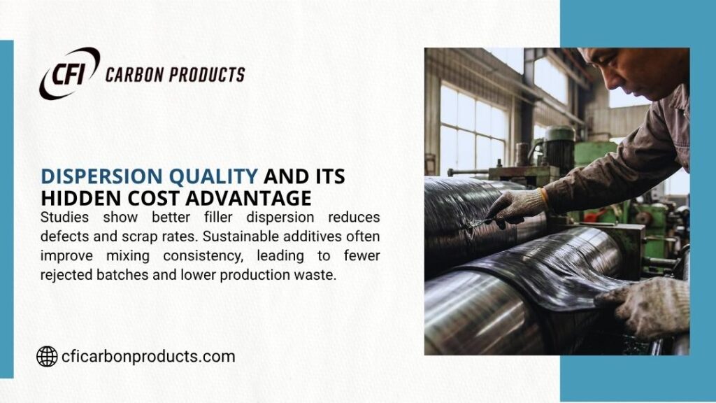 Factory worker in gloves carefully inspecting and handling a large black rubber sheet on industrial rollers, demonstrating improved filler dispersion in elastomer production. CFI Carbon Products.