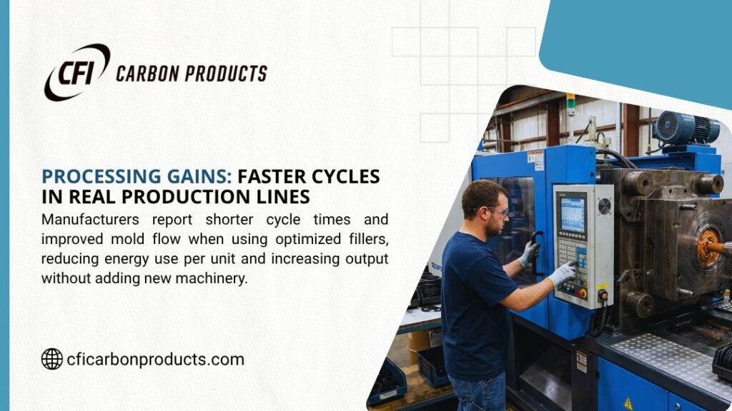 Processing Gains: Faster Cycles in Real Production Lines. Factory technician in gloves operating a large blue injection molding machine, demonstrating shorter cycle times and improved efficiency with optimized fillers. CFI Carbon Products.