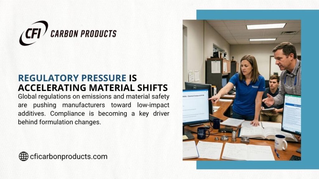Engineers reviewing chemical compound data on monitors in a lab office, illustrating how regulatory pressure is accelerating material formulation shifts in manufacturing.