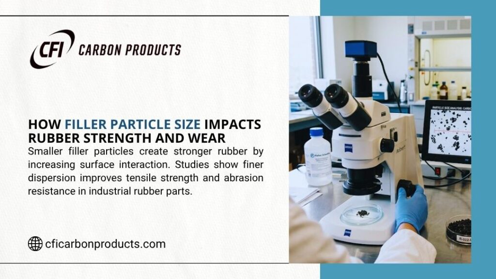 Lab technician analyzing filler particle size under a microscope to study its impact on rubber strength and wear resistance.