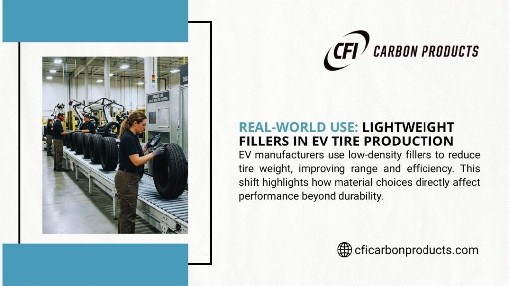 Factory worker inspecting EV tires on a production line showing real-world use of lightweight fillers in EV tire manufacturing.