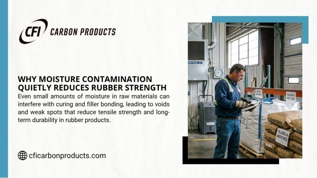 Warehouse worker inspecting rubber fillers and additives storage showing how moisture contamination quietly reduces rubber strength.