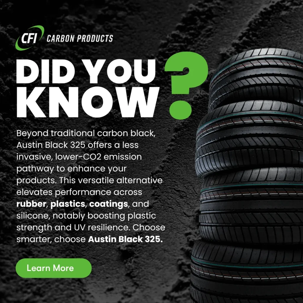 CFI Carbon Products graphic reading Did You Know about Austin Black 325, beside a stack of black tires