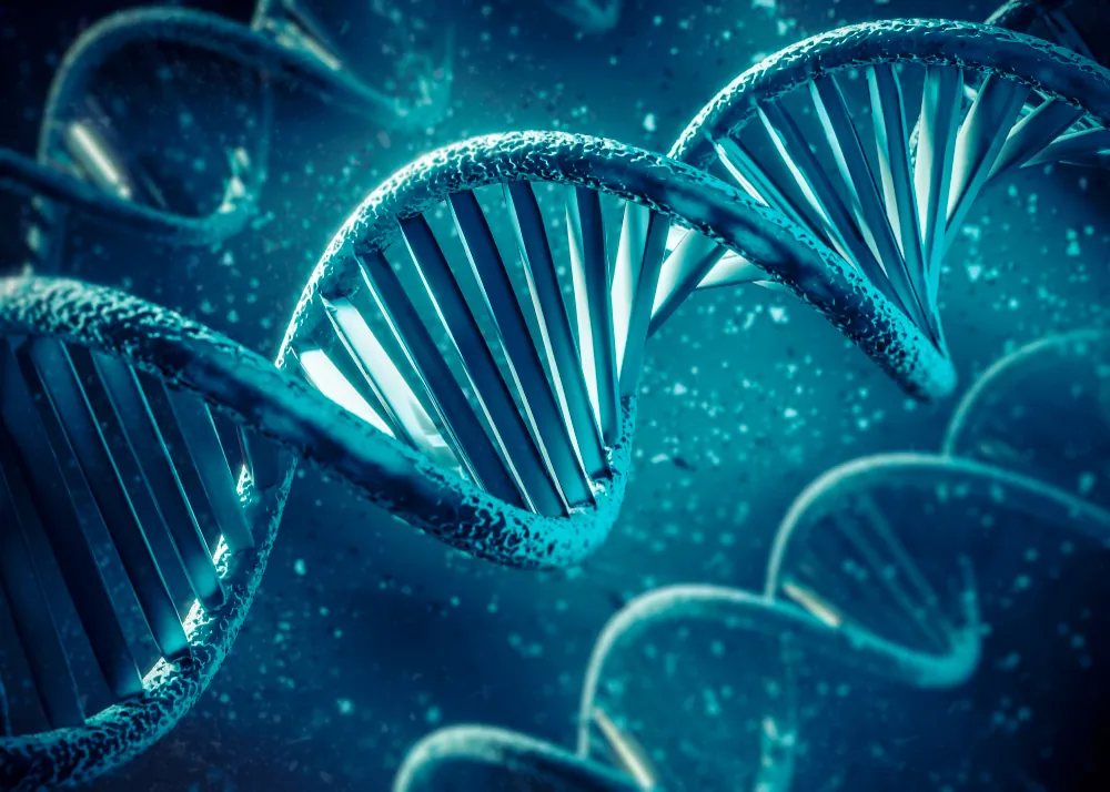 3D render of teal DNA double helix strands floating among glowing particles on a dark blue background