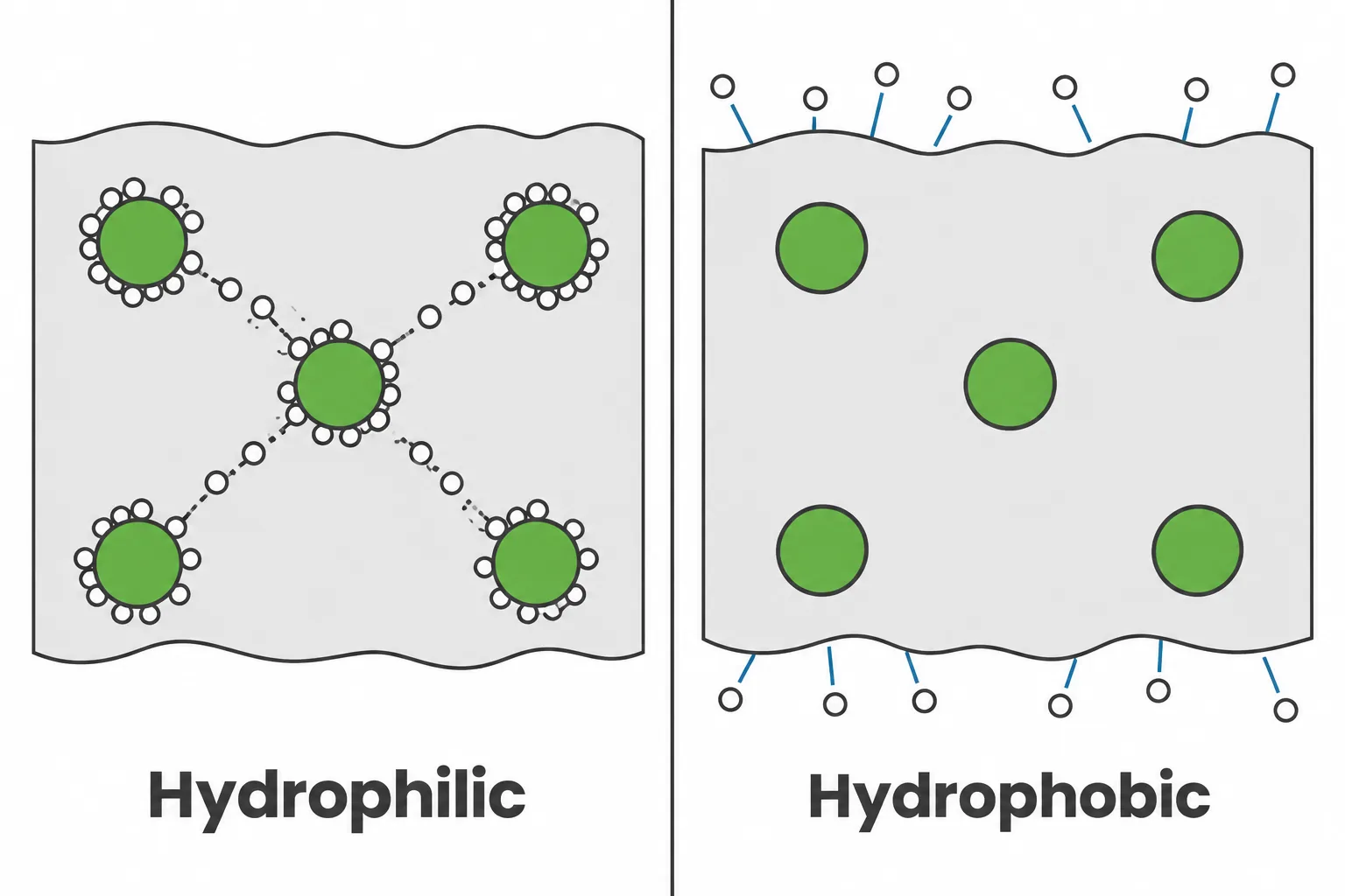 Side-by-side diagram: water clings to and wicks between hydrophilic filler particles, while hydrophobic particles repel water at their surface