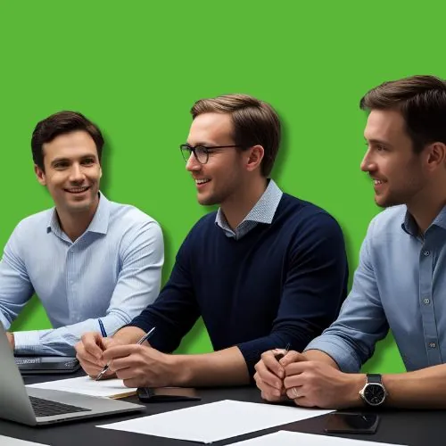 Stock style image of three smiling men seated at a table with papers and a laptop, green background
